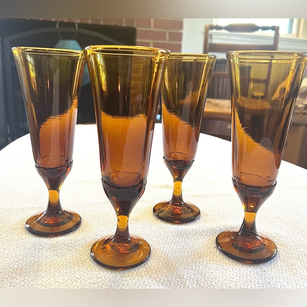 Signed Don Gonzalez 1960s Amber Champagne Flutes Set of 4